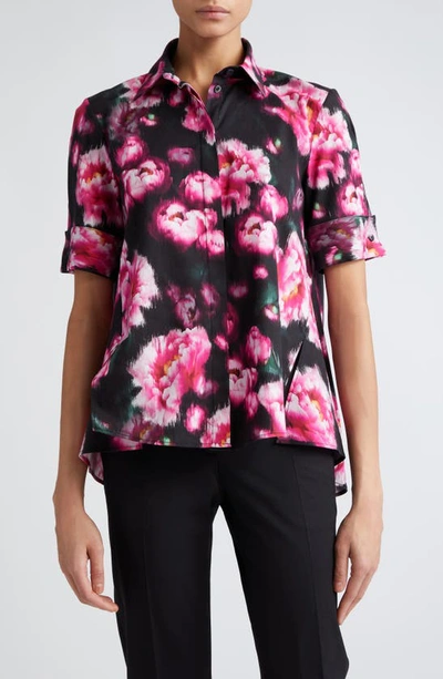 Shop Adam Lippes Floral Print Stretch Poplin Trapeze Shirt In Black Floral