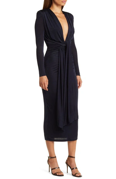 Shop Misha Collection Francis Long Sleeve Plunge Neck Midi Dress In Navy