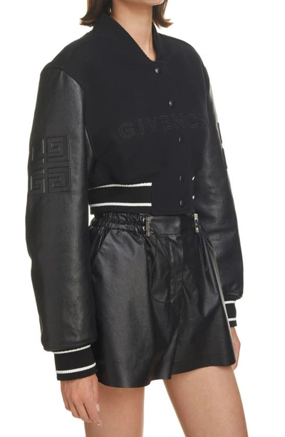 Shop Givenchy Leather Sleeve Logo Crop Varsity Jacket In Black/ White