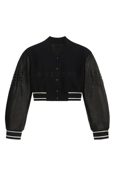 Shop Givenchy Leather Sleeve Logo Crop Varsity Jacket In Black/ White