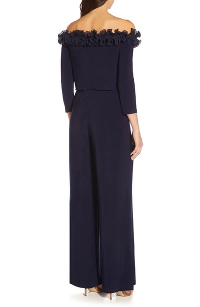 Shop Adrianna Papell Ruffle Off The Shoulder Blouson Bodice Jumpsuit In Navy