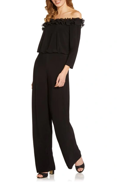 Shop Adrianna Papell Ruffle Off The Shoulder Blouson Bodice Jumpsuit In Black