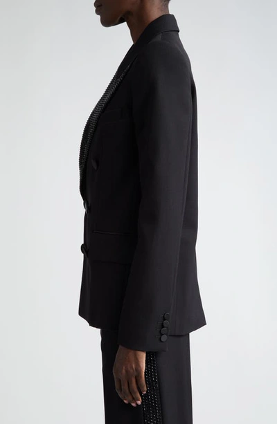 Shop Area Crystal Embellished Double Breasted Stretch Wool Tuxedo Jacket In Black