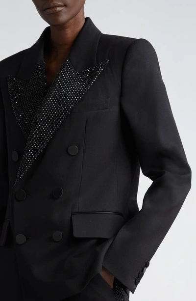 Shop Area Crystal Embellished Double Breasted Stretch Wool Tuxedo Jacket In Black