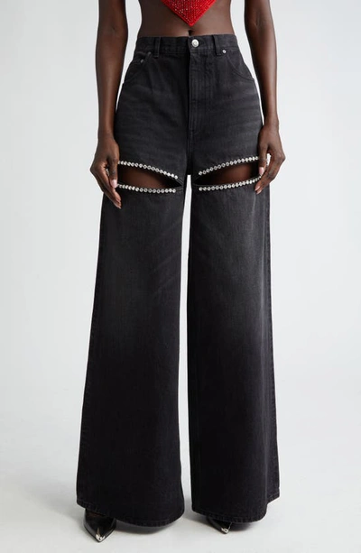 Shop Area Crystal Embellished Cutout Wide Leg Jeans In Black