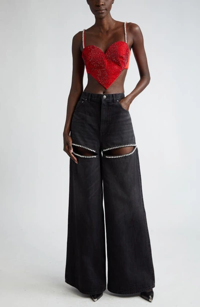 Shop Area Crystal Embellished Cutout Wide Leg Jeans In Black