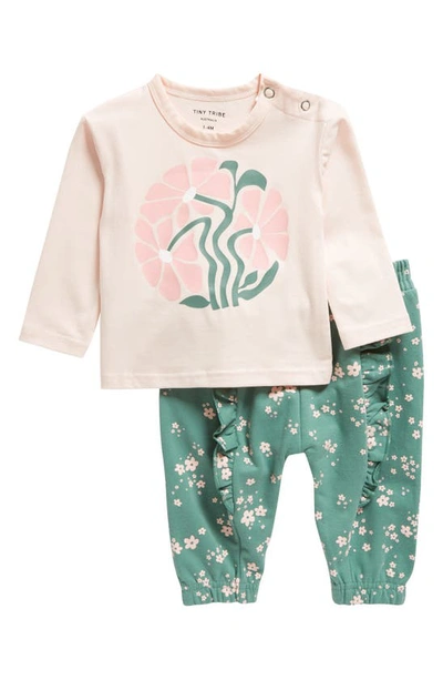 Shop Tiny Tribe Floral Cotton Graphic T-shirt & Print Pants Set In Pink Multi