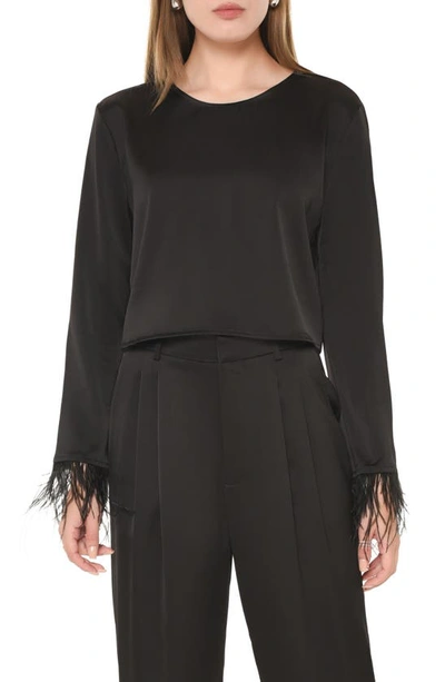 Shop Wayf Merci Feather Cuff Satin Top In Black