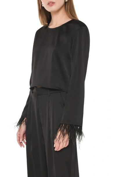 Shop Wayf Merci Feather Cuff Satin Top In Black