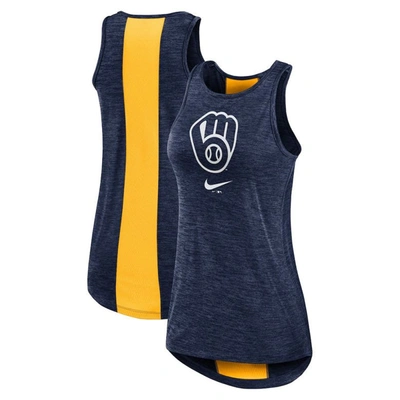 Shop Nike Navy Milwaukee Brewers Dri-fit Performance Right Mix High Neck Tank Top