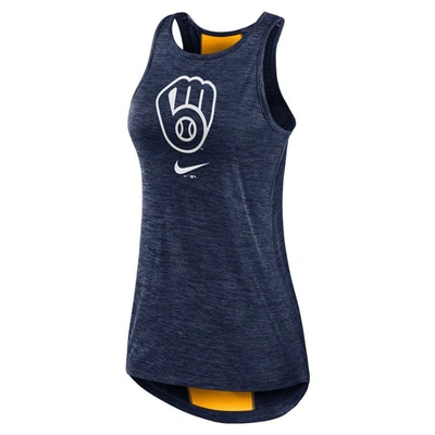 Shop Nike Navy Milwaukee Brewers Dri-fit Performance Right Mix High Neck Tank Top