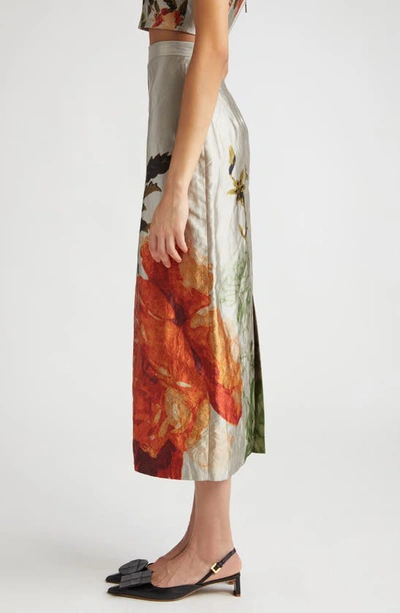Shop Erdem Floral Metallic Textured Satin Midi Skirt In Pearl