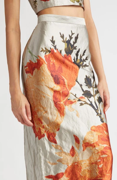 Shop Erdem Floral Metallic Textured Satin Midi Skirt In Pearl