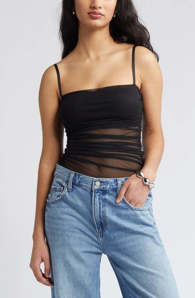 Shop Open Edit Ruched Mesh Camisole In Black