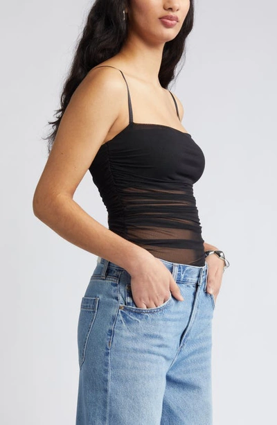 Open Edit Ruched Mesh Camisole In Black