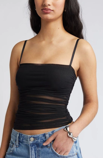 Shop Open Edit Ruched Mesh Camisole In Black