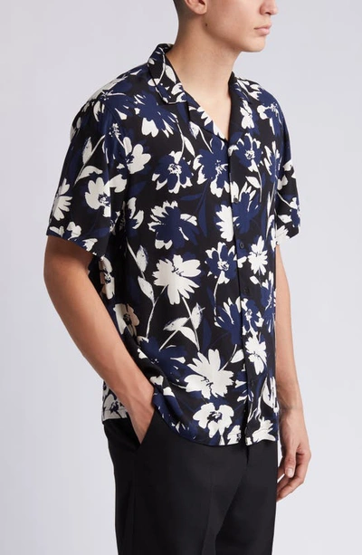 Shop Open Edit Moody Daisy Relaxed Fit Camp Shirt In Black- Navy Moody Daisy
