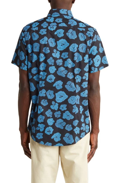 Shop Open Edit Geometric Poppy Print Stretch Poplin Camp Shirt In Black - Blue Poppy Geo