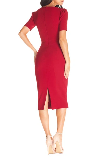 Dress The Population Ruth Asymmetrical Neck Midi Dress In Garnet