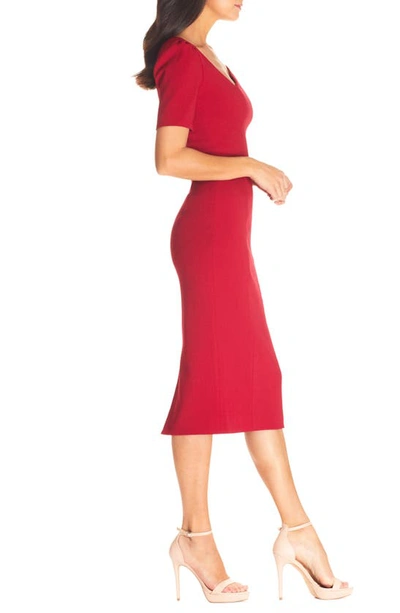 Dress The Population Ruth Asymmetrical Neck Midi Dress In Garnet