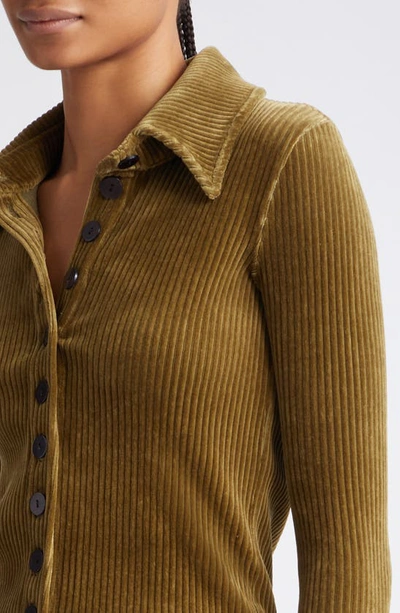 Shop Kkco Scallop Rib Velour Button-up Shirt In Olive Branch