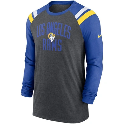 Shop Nike Heathered Charcoal/royal Los Angeles Rams Tri-blend Raglan Athletic Long Sleeve Fashion T-shirt In Heather Charcoal