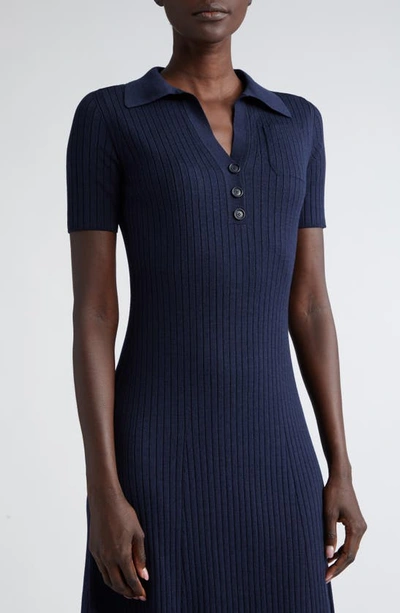 Shop Akris Polo Collar Rib Wool Blend Sweater Dress In Navy