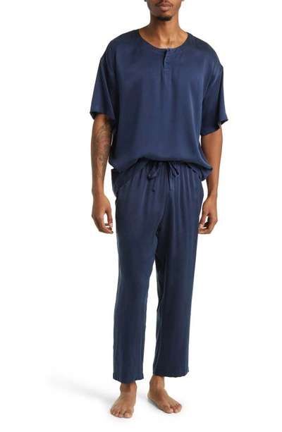Shop Lunya Washable Silk Henley Pajamas In Deep Blue