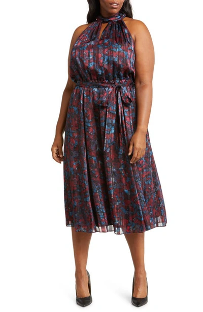 Anne Klein Floral Twist Neck Keyhole Midi Dress In Titian Red / Juniper Multi