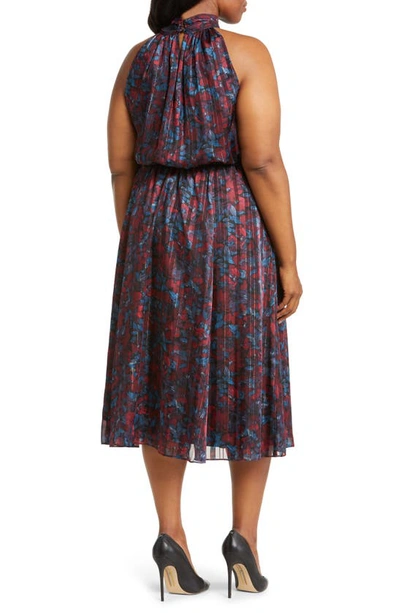 Anne Klein Floral Twist Neck Keyhole Midi Dress In Titian Red / Juniper Multi