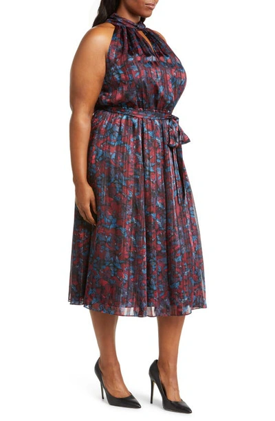 Anne Klein Floral Twist Neck Keyhole Midi Dress In Titian Red / Juniper Multi