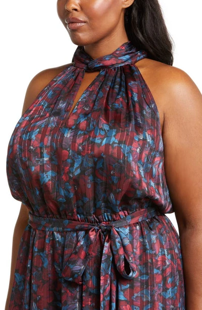 Anne Klein Floral Twist Neck Keyhole Midi Dress In Titian Red / Juniper Multi