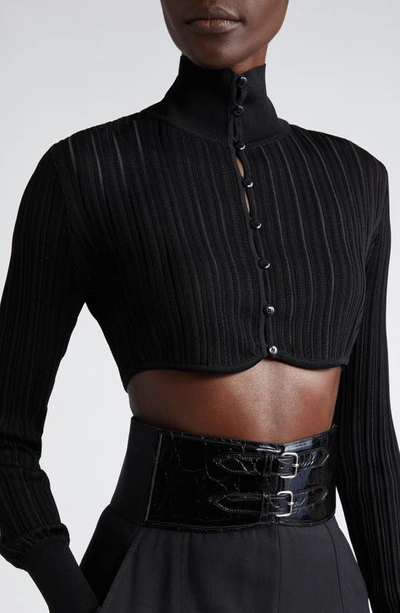 Shop Alaïa Shiny Crinoline Crop Cardigan In Noir Alaia