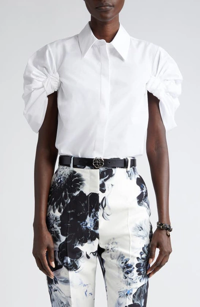 Shop Alexander Mcqueen Knotted Sleeve Cotton Poplin Button-up Shirt In Optical White