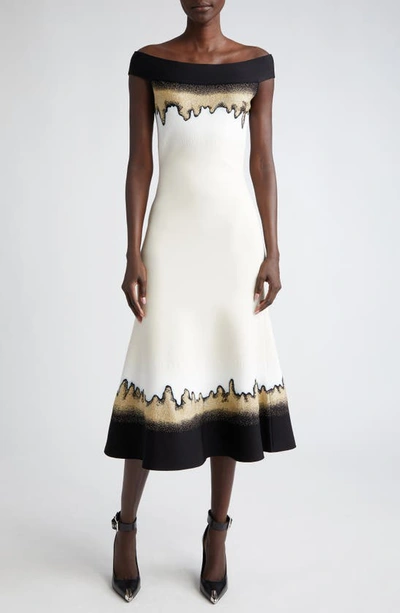 Shop Alexander Mcqueen Off The Shoulder Jacquard Midi Sweater Dress In Ivory/ Black/ Gold