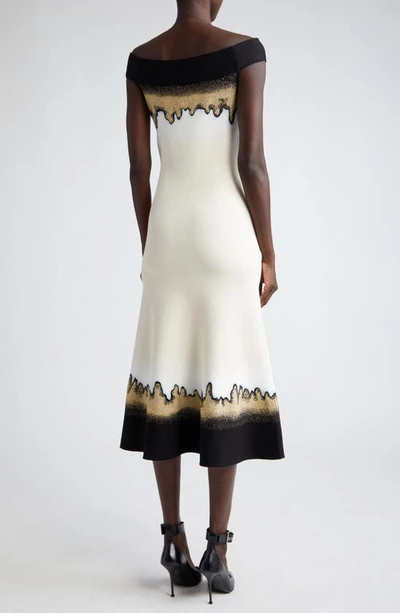 Shop Alexander Mcqueen Off The Shoulder Jacquard Midi Sweater Dress In Ivory/ Black/ Gold