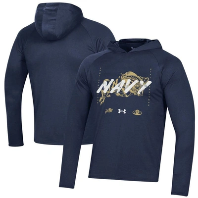 Shop Under Armour Navy Navy Midshipmen 2023 On Court Bench Shooting Long Sleeve Hoodie T-shirt