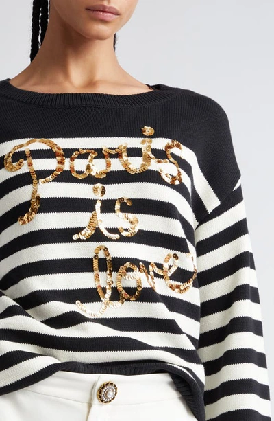 Shop Cinq À Sept Paris Is Love Sequin Stripe Cotton Blend Sweater In Black/ Ivory