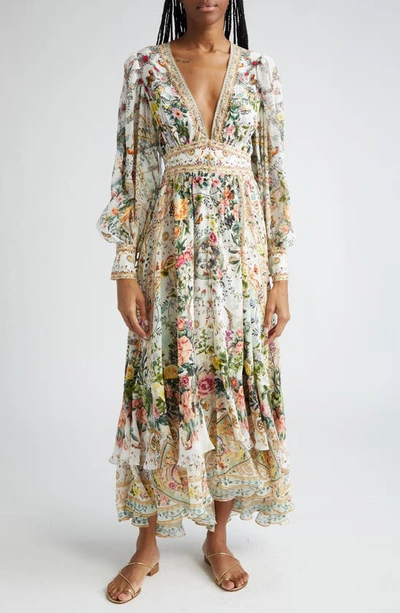 Shop Camilla Floral Long Sleeve Plunge Neck Silk Maxi Dress In Renaissance Romance