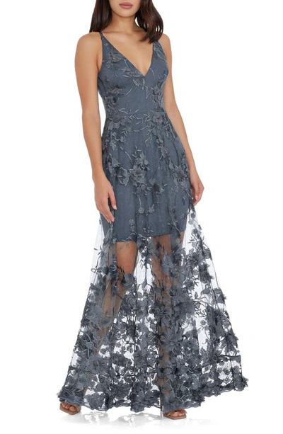 Dress The Population Sidney V-neck A-line Lace Floral Appliqué Gown In Steel