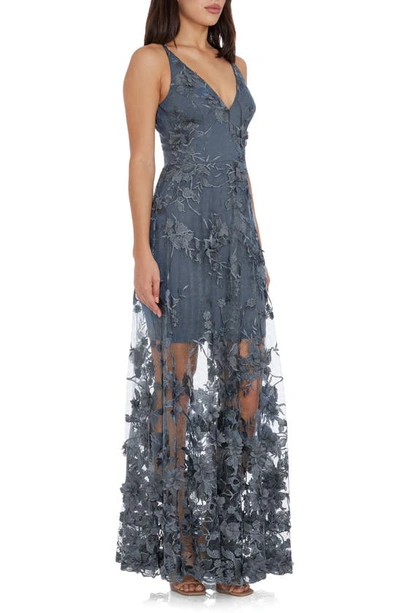 Shop Dress The Population Sidney Deep V-neck 3d Lace Gown In Steel
