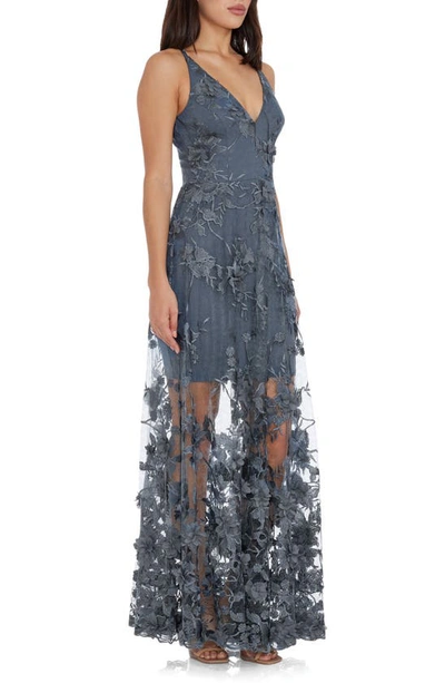Dress The Population Sidney V-neck A-line Lace Floral Appliqué Gown In Steel