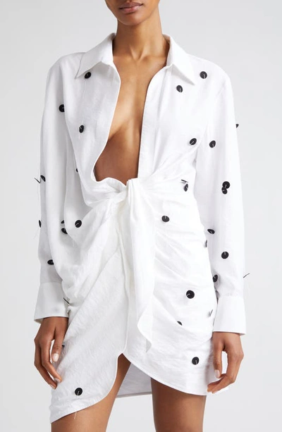 Shop Jacquemus Le Robe Bahia Embroidered Polka Dot Long Sleeve Sash Dress In White/ Black Dots Embroi