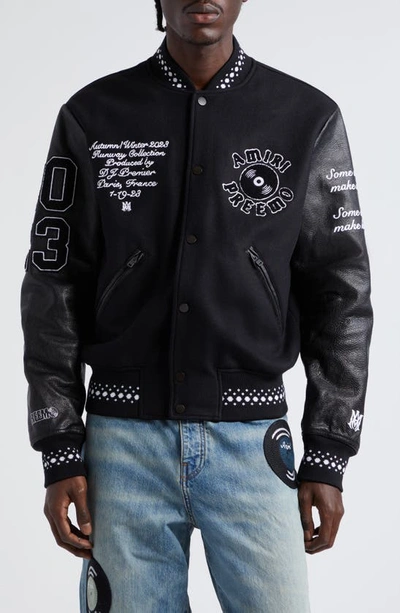 Shop Amiri X Premier Records Patch Leather Sleeve Wool Blend Varsity Jacket In Black