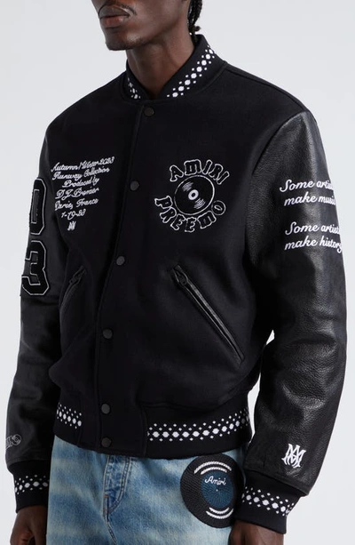 Shop Amiri X Premier Records Patch Leather Sleeve Wool Blend Varsity Jacket In Black