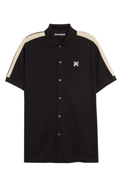 Shop Palm Angels Monogram Track Short Sleeve Knit Button-up Shirt In Black Off White