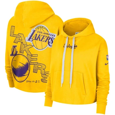 Shop Nike Gold Los Angeles Lakers Courtside Team Cropped Pullover Hoodie