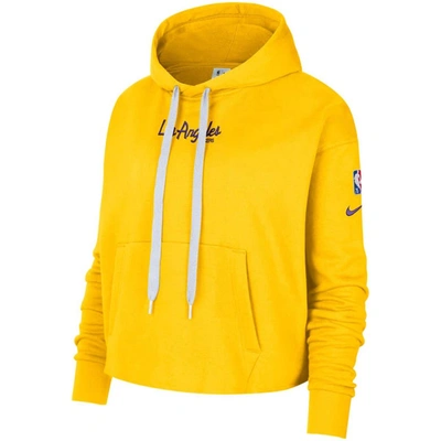 Shop Nike Gold Los Angeles Lakers Courtside Team Cropped Pullover Hoodie