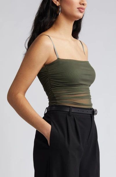 Open Edit Ruched Mesh Camisole In Green City