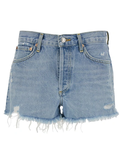 Shop Agolde 'parker' Light Blue Shorts With Rips And Raw-edged Hem In Cotton Denim Woman